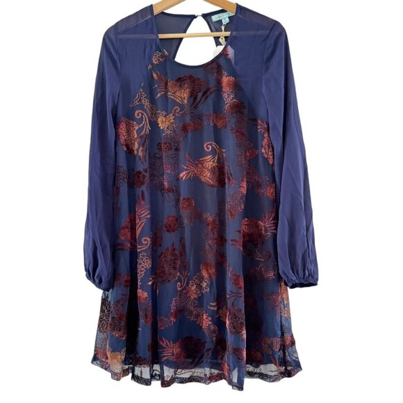 She‎ + Sky Silk Navy Blue Copper Velvet Burnout Button Keyhole Peasant Tunic Top - Picture 1 of 8